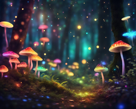 a forest filled with lots of different colored lights, magical forest backround mushroom natureの素材