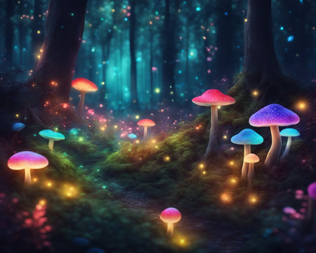 a forest filled with lots of different colored lights, magical forest backround mushroom natureの素材