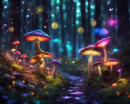 a forest filled with lots of different colored lights, magical forest backround mushroom natureの素材