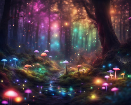 a forest filled with lots of different colored lights, magical forest backround mushroom natureの素材