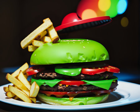 a hamburger and french fries on a tableの素材