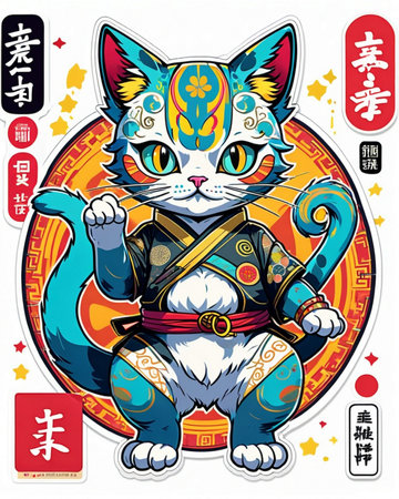 A highly detailed vibrant digital illustration of a playful cat sticker in the style of Japanese pop artの素材