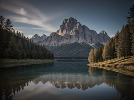 a lake with a mountain in the background marvellous reflection of the sky beautiful reflexionsの素材
