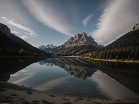a lake with a mountain in the background marvellous reflection of the sky beautiful reflexionsの素材