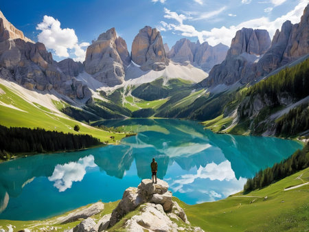 a lake with a mountain in the background marvellous reflection of the sky beautiful reflexionsの素材