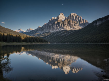 a lake with a mountain in the background marvellous reflection of the sky beautiful reflexionsの素材