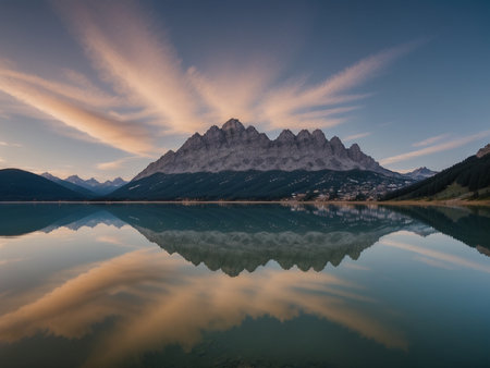 a lake with a mountain in the background marvellous reflection of the sky beautiful reflexionsの素材