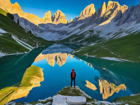 a lake with a mountain in the background marvellous reflection of the sky beautiful reflexionsの素材