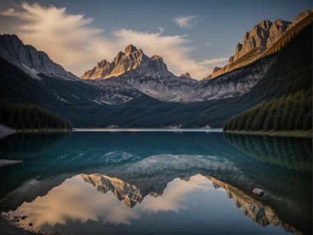 a lake with a mountain in the background marvellous reflection of the sky beautiful reflexionsの素材