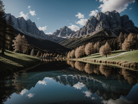 a lake with a mountain in the background marvellous reflection of the sky beautiful reflexionsの素材