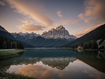 a lake with a mountain in the background marvellous reflection of the sky beautiful reflexionsの素材