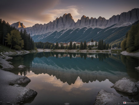 a lake with a mountain in the background marvellous reflection of the sky beautiful reflexionsの素材