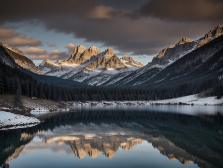 a lake with a mountain in the background marvellous reflection of the sky beautiful reflexionsの素材