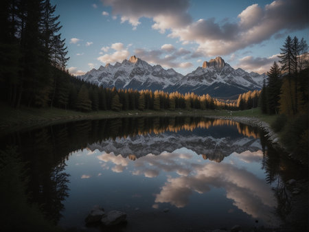a lake with a mountain in the background marvellous reflection of the sky beautiful reflexionsの素材