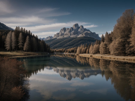 a lake with a mountain in the background marvellous reflection of the sky beautiful reflexionsの素材