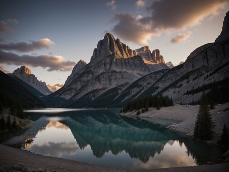 a lake with a mountain in the background marvellous reflection of the sky beautiful reflexionsの素材