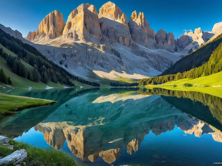 a lake with a mountain in the background marvellous reflection of the sky beautiful reflexionsの素材