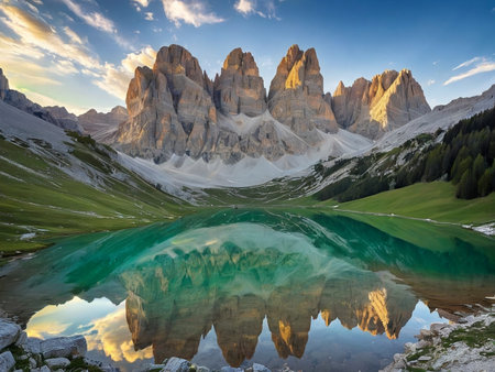 a lake with a mountain in the background marvellous reflection of the sky beautiful reflexionsの素材