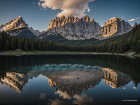 a lake with a mountain in the background marvellous reflection of the sky beautiful reflexionsの素材