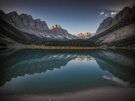 a lake with a mountain in the background marvellous reflection of the sky beautiful reflexionsの素材