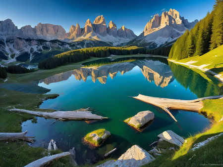 a lake with a mountain in the background marvellous reflection of the sky beautiful reflexionsの素材