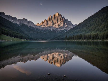a lake with a mountain in the background marvellous reflection of the sky beautiful reflexionsの素材