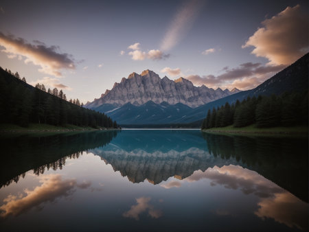 a lake with a mountain in the background marvellous reflection of the sky beautiful reflexionsの素材