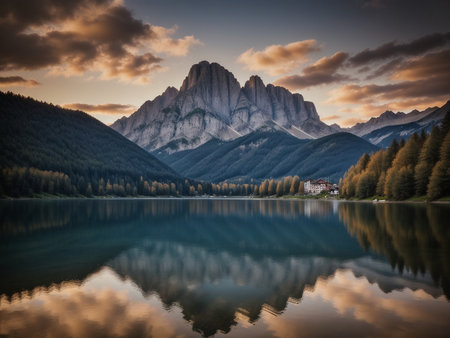 a lake with a mountain in the background marvellous reflection of the sky beautiful reflexionsの素材