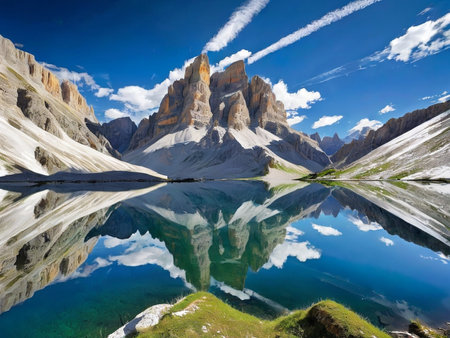 a lake with a mountain in the background marvellous reflection of the sky beautiful reflexionsの素材