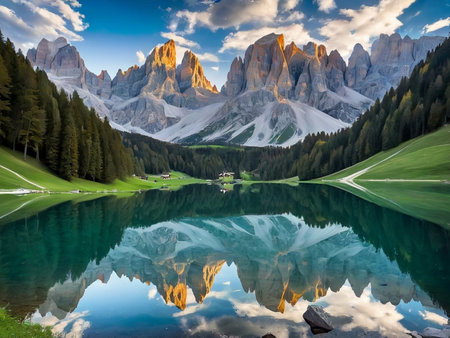a lake with a mountain in the background marvellous reflection of the sky beautiful reflexionsの素材