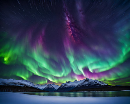 A mesmerizing landscape at night, inspired by the Northern Lights, vibrant colors swirling across the sky in an ethereal displayの素材