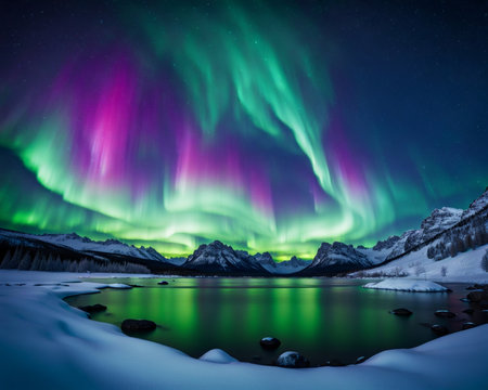 A mesmerizing landscape at night, inspired by the Northern Lights, vibrant colors swirling across the sky in an ethereal displayの素材