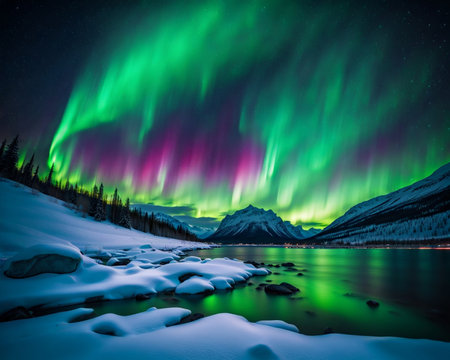 A mesmerizing landscape at night, inspired by the Northern Lights, vibrant colors swirling across the sky in an ethereal displayの素材