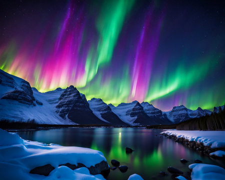 A mesmerizing landscape at night, inspired by the Northern Lights, vibrant colors swirling across the sky in an ethereal displayの素材