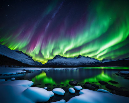 A mesmerizing landscape at night, inspired by the Northern Lights, vibrant colors swirling across the sky in an ethereal displayの素材