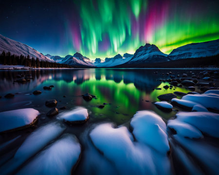 A mesmerizing landscape at night, inspired by the Northern Lights, vibrant colors swirling across the sky in an ethereal displayの素材