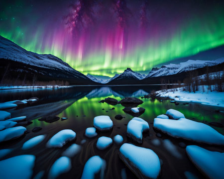 A mesmerizing landscape at night, inspired by the Northern Lights, vibrant colors swirling across the sky in an ethereal displayの素材