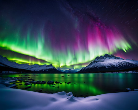 A mesmerizing landscape at night, inspired by the Northern Lights, vibrant colors swirling across the sky in an ethereal displayの素材