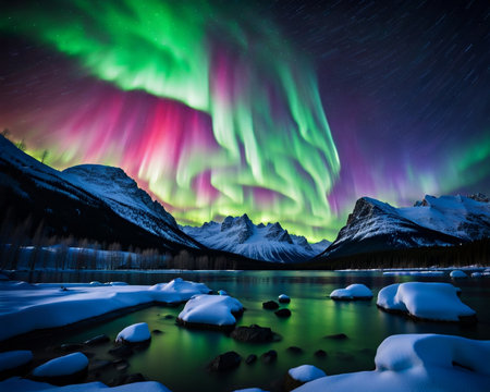 A mesmerizing landscape at night, inspired by the Northern Lights, vibrant colors swirling across the sky in an ethereal displayの素材