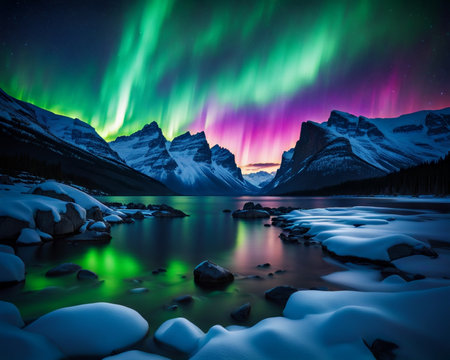 A mesmerizing landscape at night, inspired by the Northern Lights, vibrant colors swirling across the sky in an ethereal displayの素材