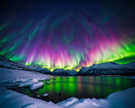 A mesmerizing landscape at night, inspired by the Northern Lights, vibrant colors swirling across the sky in an ethereal displayの素材