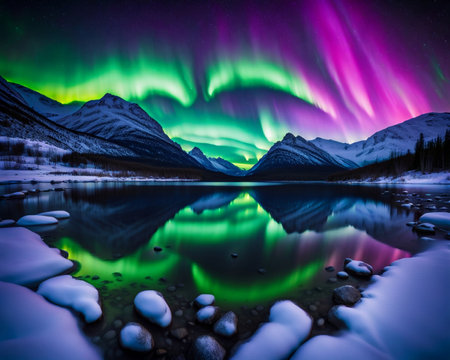 A mesmerizing landscape at night, inspired by the Northern Lights, vibrant colors swirling across the sky in an ethereal displayの素材