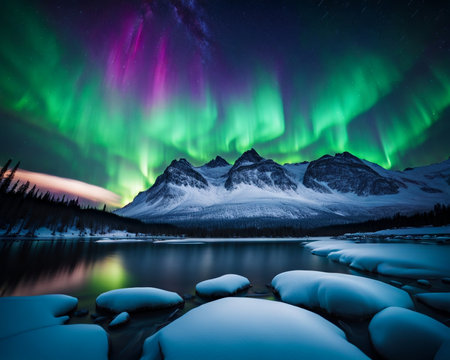 A mesmerizing landscape at night, inspired by the Northern Lights, vibrant colors swirling across the sky in an ethereal displayの素材