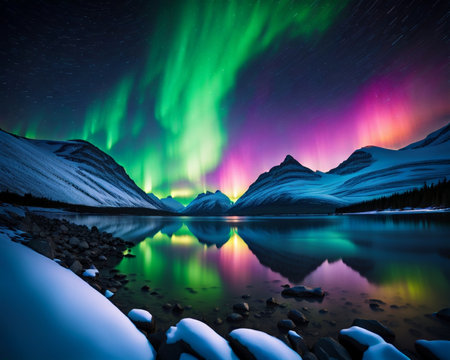 A mesmerizing landscape at night, inspired by the Northern Lights, vibrant colors swirling across the sky in an ethereal displayの素材