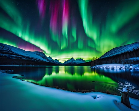 A mesmerizing landscape at night, inspired by the Northern Lights, vibrant colors swirling across the sky in an ethereal displayの素材