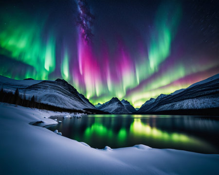 A mesmerizing landscape at night, inspired by the Northern Lights, vibrant colors swirling across the sky in an ethereal displayの素材