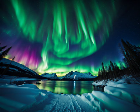A mesmerizing landscape at night, inspired by the Northern Lights, vibrant colors swirling across the sky in an ethereal displayの素材