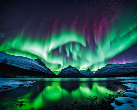 A mesmerizing landscape at night, inspired by the Northern Lights, vibrant colors swirling across the sky in an ethereal displayの素材