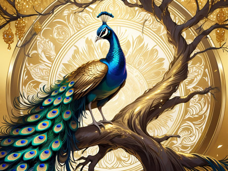 a peacock sitting on top of a tree peacock exquisite digital art golden feathers beautiful artの素材