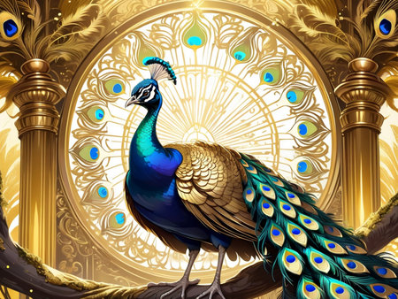 a peacock sitting on top of a tree peacock exquisite digital art golden feathers beautiful artの素材